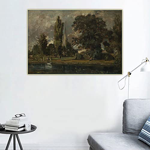 John Constable《Catedral de Salisbury y Leadenhall desde el río Avon》Arte en lienzo Pintura al óleo réplica Pared Decoración del hogar 30x45cm Sin marco