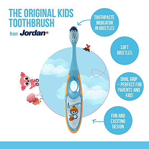 Jordan* | Step 2 | Cepillo de dientes para niños de 3 a 5 años | Cepillo de dientes para niños con cerdas suaves, mango ergonómico doble y sin BPA | Color rosa y amarillo | Pack de 4 unidades