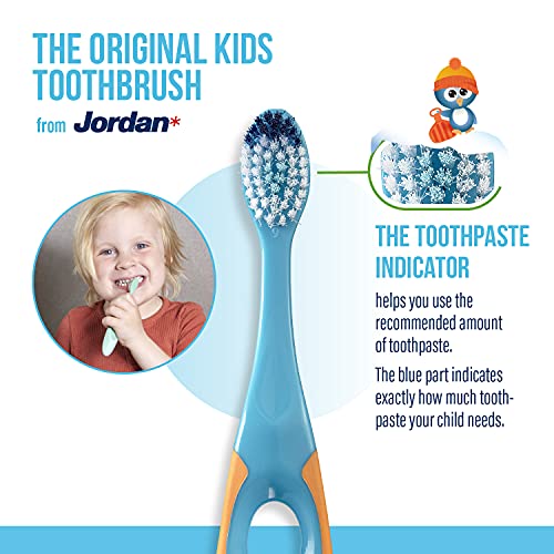 Jordan* | Step 2 | Cepillo de dientes para niños de 3 a 5 años | Cepillo de dientes para niños con cerdas suaves, mango ergonómico doble y sin BPA | Color rosa y amarillo | Pack de 4 unidades