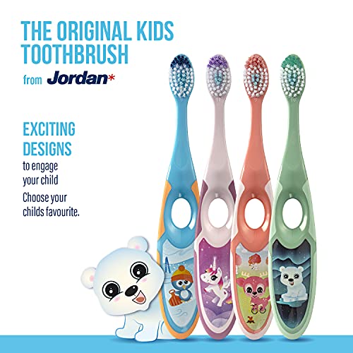 Jordan* | Step 2 | Cepillo de dientes para niños de 3 a 5 años | Cepillo de dientes para niños con cerdas suaves, mango ergonómico doble y sin BPA | Color rosa y amarillo | Pack de 4 unidades