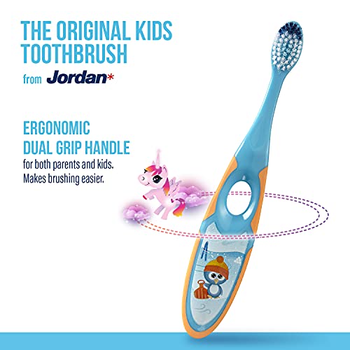Jordan* | Step 2 | Cepillo de dientes para niños de 3 a 5 años | Cepillo de dientes para niños con cerdas suaves, mango ergonómico doble y sin BPA | Color rosa y amarillo | Pack de 4 unidades