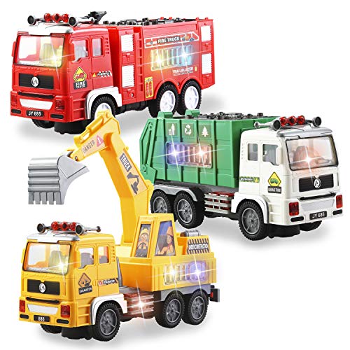 JOYIN Ensemble de camions jouets 3-en-1 comprenant un camion de pompiers, un camion à ordures et une excavatrice avec de superbes lumières et sons 4D Véhicules jouets automatiques Bump Go pour enfants