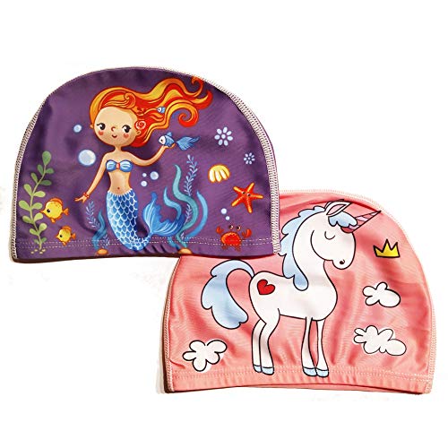 Juego de 2 gorros de natación mágicos para niñas (edad: 2-4 años), unicornio y sirena, 100% nailon y 0% tirones