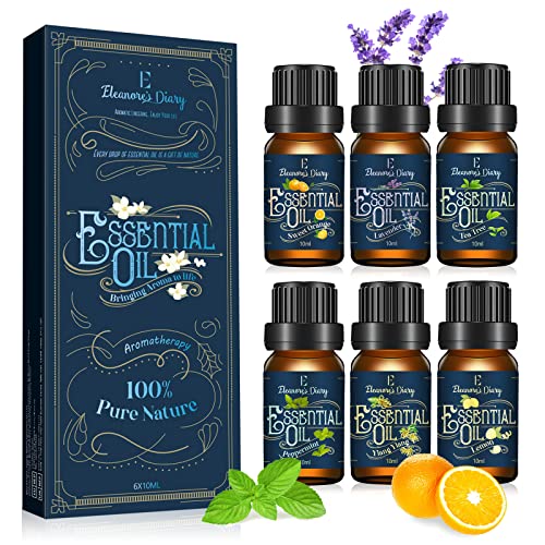 Juego de Aceites Esenciales, Eleanore's Diary Aceites de Aromaterapia 6x10ml para Difuso de Aroma, Juego de Regalo de Aceites Esenciales 100% Puros, Lavanda, Limón, Naranja, Ylang Ylang, Árbol de Té