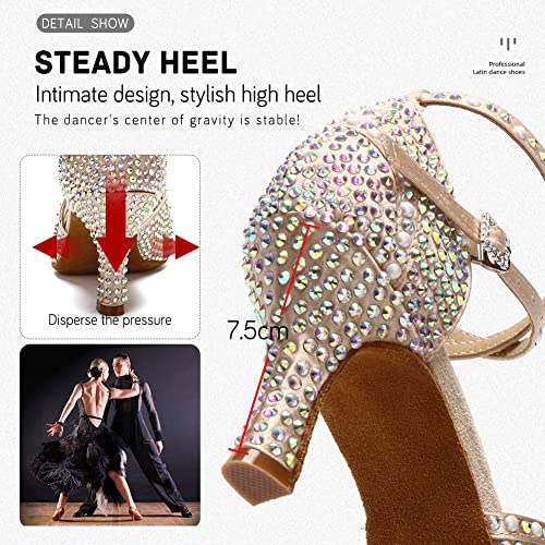 JUODVMP Zapatos Baile Latino Mujer Diamante de Imitación Zapatos Salsa Tango Mujer Model VE-YCL430-7.5,Desnudo,38EU