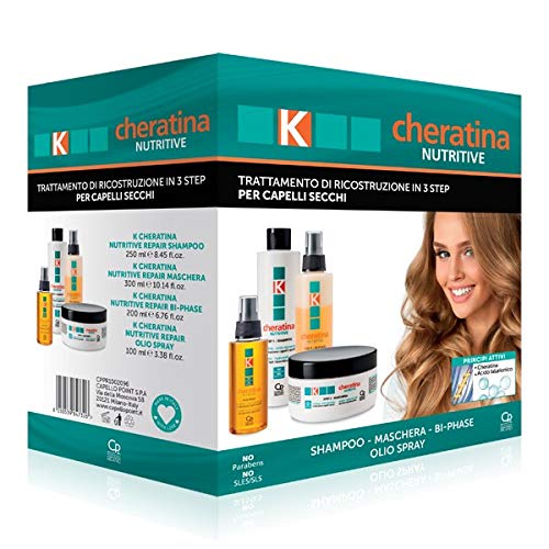 K-Cheratina Nutritive - Tratamiento Profesional de Queratina para Cabellos Secos - Contiene Champú de Reconstrucción, Spray Bifase, Mascarilla con Ácido Hialurónico y Spray de Aceite Ultranutritivo