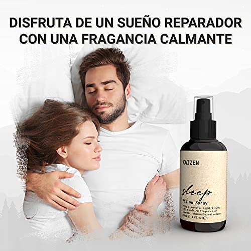 KAIZEN Spray Almohada para Dormir - Deep Sleep Pillow Spray Natural para Relajar Cuerpo y Mente - Spray para Dormir con Aceites Escenciales de Lavanda y Manzanilla - Lavanda Spray para Dormir, 100ml
