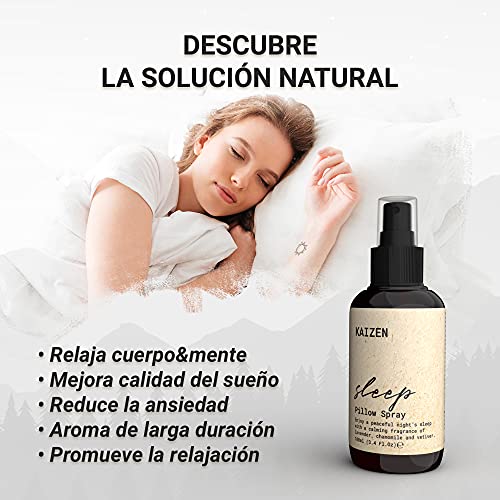 KAIZEN Spray Almohada para Dormir - Deep Sleep Pillow Spray Natural para Relajar Cuerpo y Mente - Spray para Dormir con Aceites Escenciales de Lavanda y Manzanilla - Lavanda Spray para Dormir, 100ml