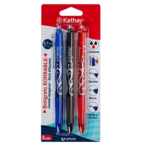 Kathay 86200199. Pack de 3 Bolígrafos Borrables, Negro, Azul y Rojo, Gel, Punta 0,7mm, Apertura Clic