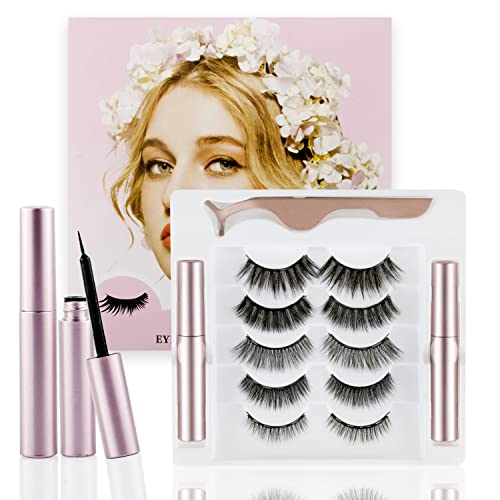 KERMEO PestañAs Postizas MagnéTicas, 5 Pares, 3D Magnetic Eyelashes, Impermeable Reutilizable, No se Necesita Pegamento, con Delineador de Ojos y Pinzas