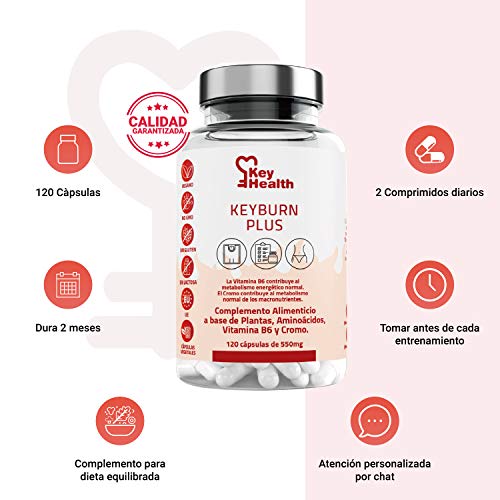 Key Health | Quemagrasas Potente KeyBurn | Complemento Alimenticio Termogénico para Adelgazar con L-Carnitina Guaraná Cafeína Te verde Vitamina B6 | 120 cápsulas | 2 Cápsulas al Día | Fat Burner