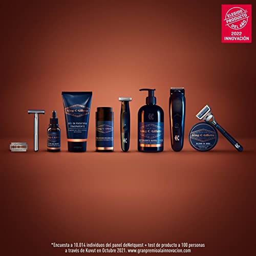 King C. Gillette Máquina de Afeitar para Cuello, Hojas de Acero Inoxidable + 3 Cuchillas de Recambio + Gel de Afeitar + Gel Limpiador para Barba y Rostro + Aceite para Barba + 1 Peine + Soporte