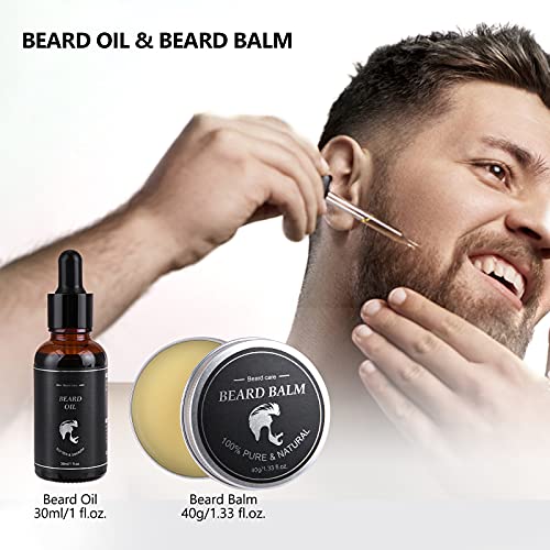 Kit Barba Cuidado Para Hombres, 10 en 1 Set Herramientas de Aseo, Con Aceite Barba, Champú Barba, Acondicionador, Balm, Cepillo, Peine, Tijeras, Plantillas, Roller, Regalos para Hombres Papa