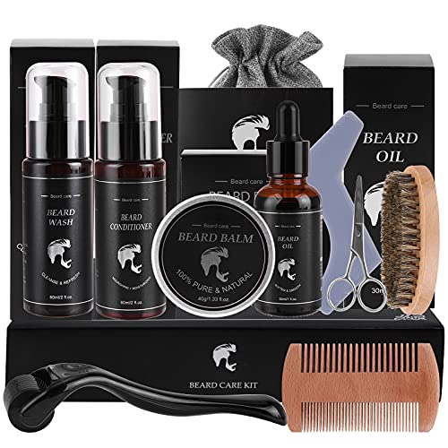 Kit Barba Cuidado Para Hombres, 10 en 1 Set Herramientas de Aseo, Con Aceite Barba, Champú Barba, Acondicionador, Balm, Cepillo, Peine, Tijeras, Plantillas, Roller, Regalos para Hombres Papa