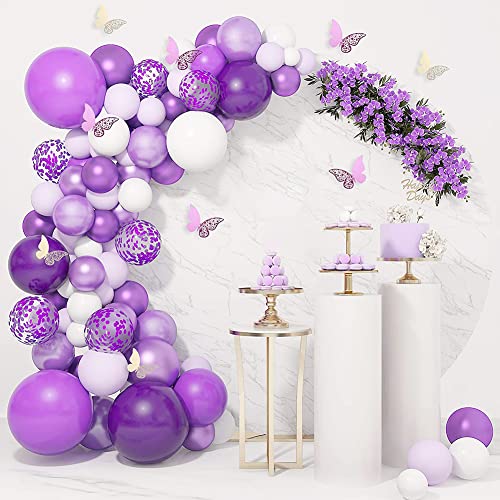 Kit de Arco de Guirnalda de Globos,124 Piezas Globos Morados, Púrpura Blancos Globos Confeti Morados Metalizado para Boda Cumpleaños Fiesta Despedida Soltera Decoración