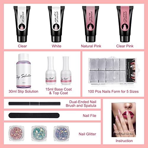 Kit de Uñas de Gel Completo, 4 * 30ml de Uñas Gel, Kit Gel de Extensión de Uñas, gel Constructor Uñas Kit Con Polvo de Purpurina de 3 Colores, Cerca Del Color de Las Uñas, Regalo de Novia & Mamá