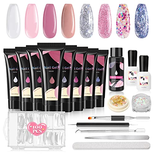 Kit Uñas de Gel Completo 8 Colores, Kit Gel de Extensión de Uñas, con Capa Superior,Imprimación,Líquido Sinovial,Adornos y Accesorios de Uñas, para Principiantes y Profesionales, Regalos para Mujer