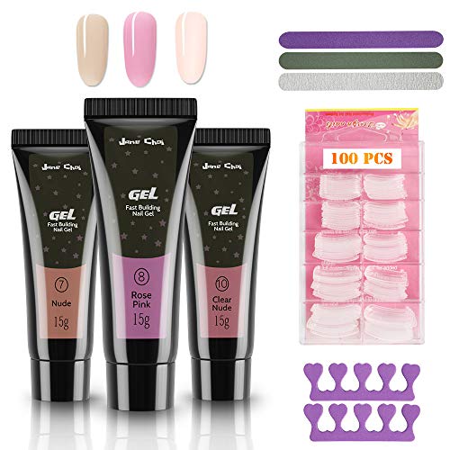 Kit Uñas De Gel, Jane Choi 3 Colores UñAs Gel Para Uñas Uv Bulider Gel (Desnudo, Rosa, Desnudo Transparente)+100 Uñas Postizas+Limas De Uñas+Separador, Nail Art Gel Acrigel Para Uñas