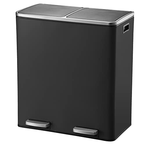 KITCHEN MOVE BAT-961049E Black - Cubo de Basura de Cocina con Pedal de Reciclaje selectivo de Gran Capacidad, 60 L (2 x 30 L), Acero Inoxidable, Color Negro Mate, 60 x 36 x 65 cm