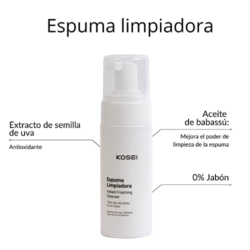 Kosei - Espuma Limpiadora Facial - 150 ml - Desmaquillante en Mousse - Para todo Tipo de Pieles - Efecto Antioxidante - No Irrita - Sin Jabón - Sin Alcohol - Sin Siliconas - Vegano