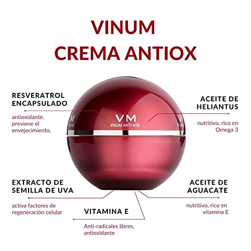 Kosei - VM Vinum - Crema Tratamiento Antiedad Antioxidante - 50 ml - Para todo Tipo de Pieles - Actúa contra los Radicales Libres y Agentes Externos - No contiene Grasas - Sin Colorantes - Vegano