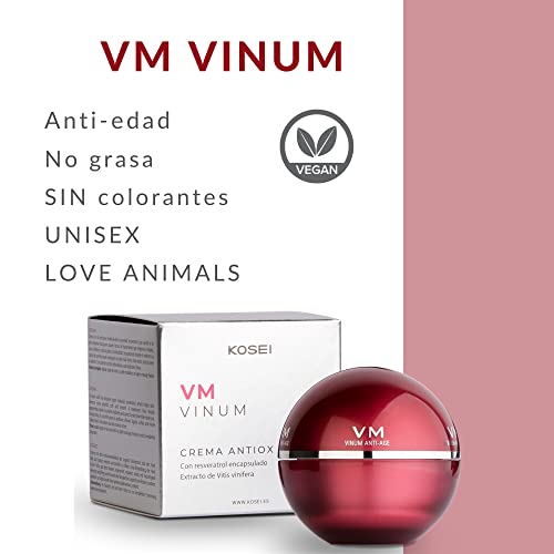 Kosei - VM Vinum - Crema Tratamiento Antiedad Antioxidante - 50 ml - Para todo Tipo de Pieles - Actúa contra los Radicales Libres y Agentes Externos - No contiene Grasas - Sin Colorantes - Vegano
