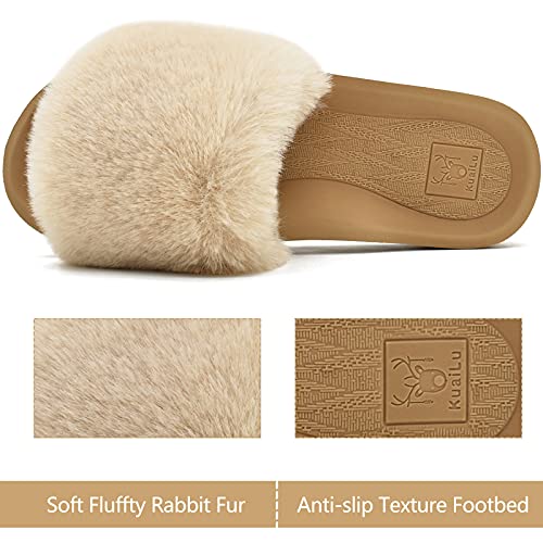 KuaiLu Pantuflas Mujer Peluche Felpa Piel de Conejo Zapatillas de Estar en Casa Invierno Comoda Peludas Caliente Slippers Verano Abierta Antideslizante Goma Suela Chanclas Beige 39