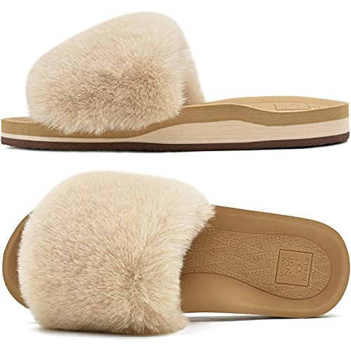 KuaiLu Pantuflas Mujer Peluche Felpa Piel de Conejo Zapatillas de Estar en Casa Invierno Comoda Peludas Caliente Slippers Verano Abierta Antideslizante Goma Suela Chanclas Beige 39