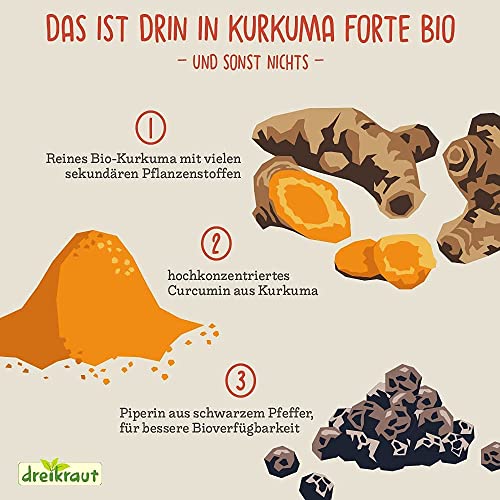 Kurkuma Forte de dreikraut – Cúrcuma Bio + Curcumina 95% + Piperina, 160 Cápsulas Veganas, de 465 mg, Fabricación Alemana, Fórmula Equilibrada, sin Aditivos, Antiinflamatorio Natural