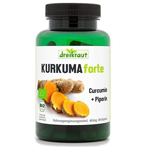 Kurkuma Forte de dreikraut – Cúrcuma Bio + Curcumina 95% + Piperina, 160 Cápsulas Veganas, de 465 mg, Fabricación Alemana, Fórmula Equilibrada, sin Aditivos, Antiinflamatorio Natural