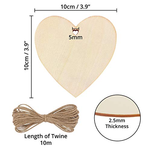 Kurtzy Pack de 50 Corazones Madera con 10m Cordel Natural – 10x0cm Adornos Corazon sin Acabado con Agujero – Adorno Bodas Decoracion Fiestas, Aniversarios, Regalos Personalizados, Manualidades Madera