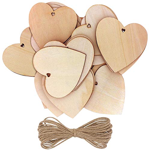 Kurtzy Pack de 50 Corazones Madera con 10m Cordel Natural – 10x0cm Adornos Corazon sin Acabado con Agujero – Adorno Bodas Decoracion Fiestas, Aniversarios, Regalos Personalizados, Manualidades Madera