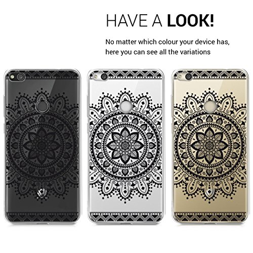 kwmobile Carcasa Compatible con Huawei P8 Lite (2017) - Funda Silicona TPU Flores Aztecas Negro/Transparente