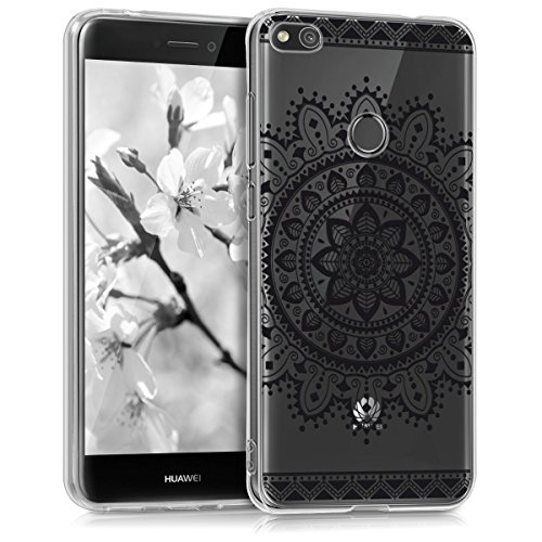 kwmobile Carcasa Compatible con Huawei P8 Lite (2017) - Funda Silicona TPU Flores Aztecas Negro/Transparente