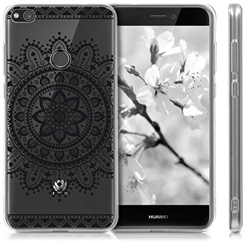 kwmobile Carcasa Compatible con Huawei P8 Lite (2017) - Funda Silicona TPU Flores Aztecas Negro/Transparente