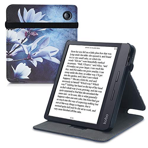 kwmobile Carcasa Compatible con Kobo Libra H2O - Funda para e-Book de Cuero sintético - Magnolia Blanco/Gris/Azul