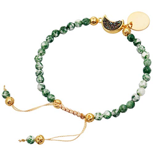 KYEYGWO Pulseras de cuentas facetadas de 4 mm para mujeres y hombres, pulseras de piedra curativa de cuarzo con revestimiento de titanio ajustable para joyería, Piedra Metal, Jaspe de dálmata verde