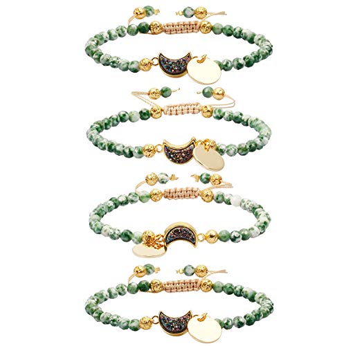 KYEYGWO Pulseras de cuentas facetadas de 4 mm para mujeres y hombres, pulseras de piedra curativa de cuarzo con revestimiento de titanio ajustable para joyería, Piedra Metal, Jaspe de dálmata verde