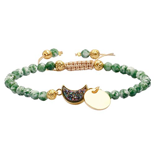 KYEYGWO Pulseras de cuentas facetadas de 4 mm para mujeres y hombres, pulseras de piedra curativa de cuarzo con revestimiento de titanio ajustable para joyería, Piedra Metal, Jaspe de dálmata verde