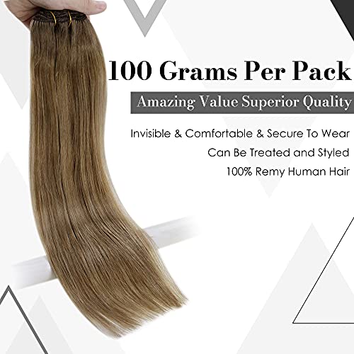 LaaVoo Extensiones Clip Pelo Natural Trama Doble Clip in Extensions Remy Cabello Humano Color 8/16/8 Balayage Marrón Claro a Rubio Dorado con Marrón Claro 7 Piezas 120g 16"