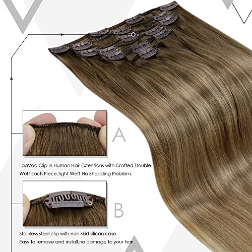 LaaVoo Extensiones Clip Pelo Natural Trama Doble Clip in Extensions Remy Cabello Humano Color 8/16/8 Balayage Marrón Claro a Rubio Dorado con Marrón Claro 7 Piezas 120g 16"