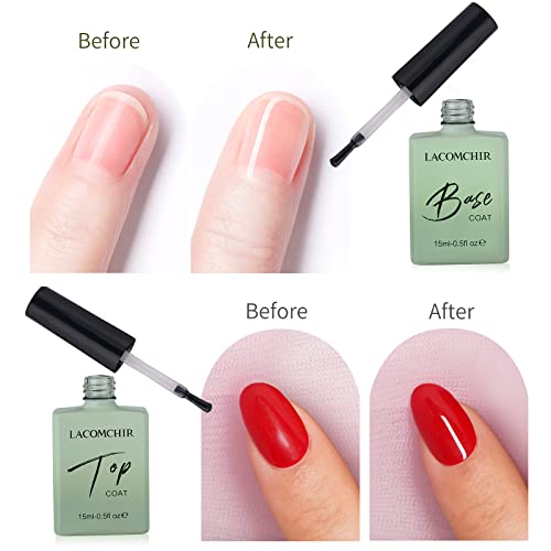 LACOMCHIR Base y Top Coat Semipermanente- 15ML x 2Pcs Esmaltes Permanentes Para Uñas Set, Brille y Más Duradero ( Necesidad de Una Lámpara LED/UV)