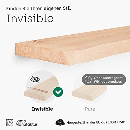 LAMO Manufaktur Estante de Madera con Borde Natural, Estante Flotante, Modelo Invisible, Natural 120cm, LW-01-A-002-120W