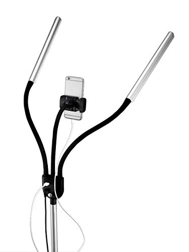Lámpara de pie LED de luz diurna con doble brazo Gemini, incl. base para teléfono y maletín de transporte para la aplicación de pestañas postizas y maquillaje, para bloggers y vloggers
