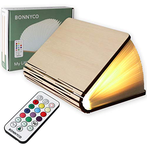 Lampara Libro Plegable de Madera con Mando, 12 Colores y Temporizador – BONNYCO | Lamparas Mesilla de Noche Ideal Decoracion Casa y Habitacion | Regalo Original Cumpleaños, Navidad y Amigo Invisible