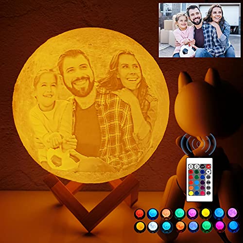 Lampara Luna Personalizada 3D Con Tu Foto Y Texto, USB Recargable 16 colores Control remoto y táctil controlar, Regalos para Novio, Novia, Amigo, Padre y Tu Madre, Moon Light Lamp Diámetro 18 cm