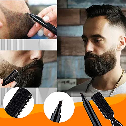 LATTCURE Kit de relleno de barba, 1 pincel, cobertura duradera, bigote, resistente al agua, 4 puntas, cepillo suave, color negro