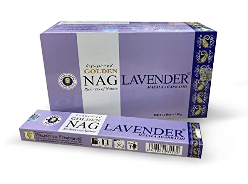 Lavanda Incienso Vijayshree Golden Nag 15 g Nueva fragancia varillas Duración 60 minutos aproximadamente + regalo porta inciensos (6 cajas de 15 g)