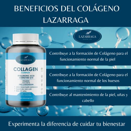 Lazarraga | Colágeno + Ácido Hialurónico + Coenzima Q10 + Zinc + Vitamina A + Vitamina B12 + Vitamina C + Vitamina D + Magnesio | 60 Caps - 2 Meses | Huesos, Cartílagos | Piel tersa