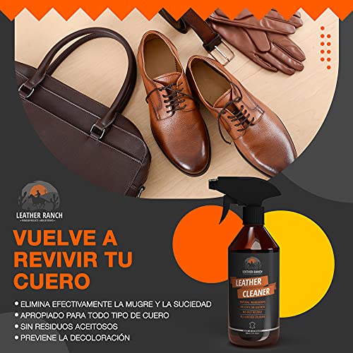 LEATHER RANCH Spray Limpiador Cuero Coche, Bolsos, Zapatos, Chaquetas - Limpiador Cuero Sofas, Previene la Decoloración - Limpia Tapicerias, Volante y Asientos Cuero - Cuidado Cuero sin Tóxicos, 500ml